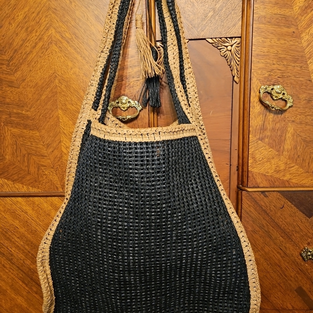 Black and Tan Crochet Tote Bag - Unbranded